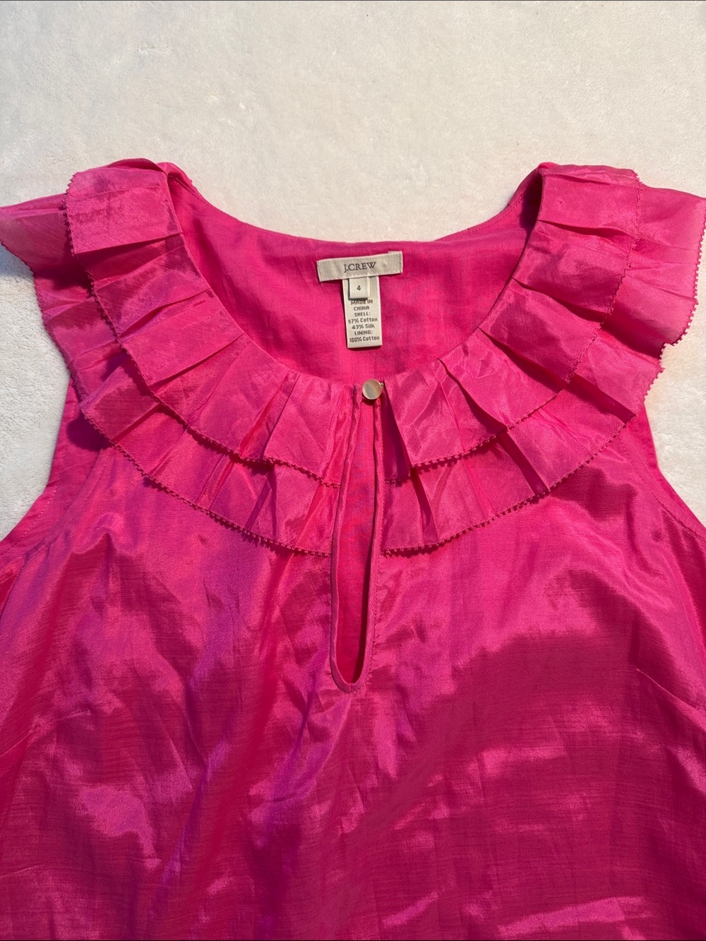 J. Crew hot pink sleeveless ruffle-neck lined silk/cotton blend top. 4.